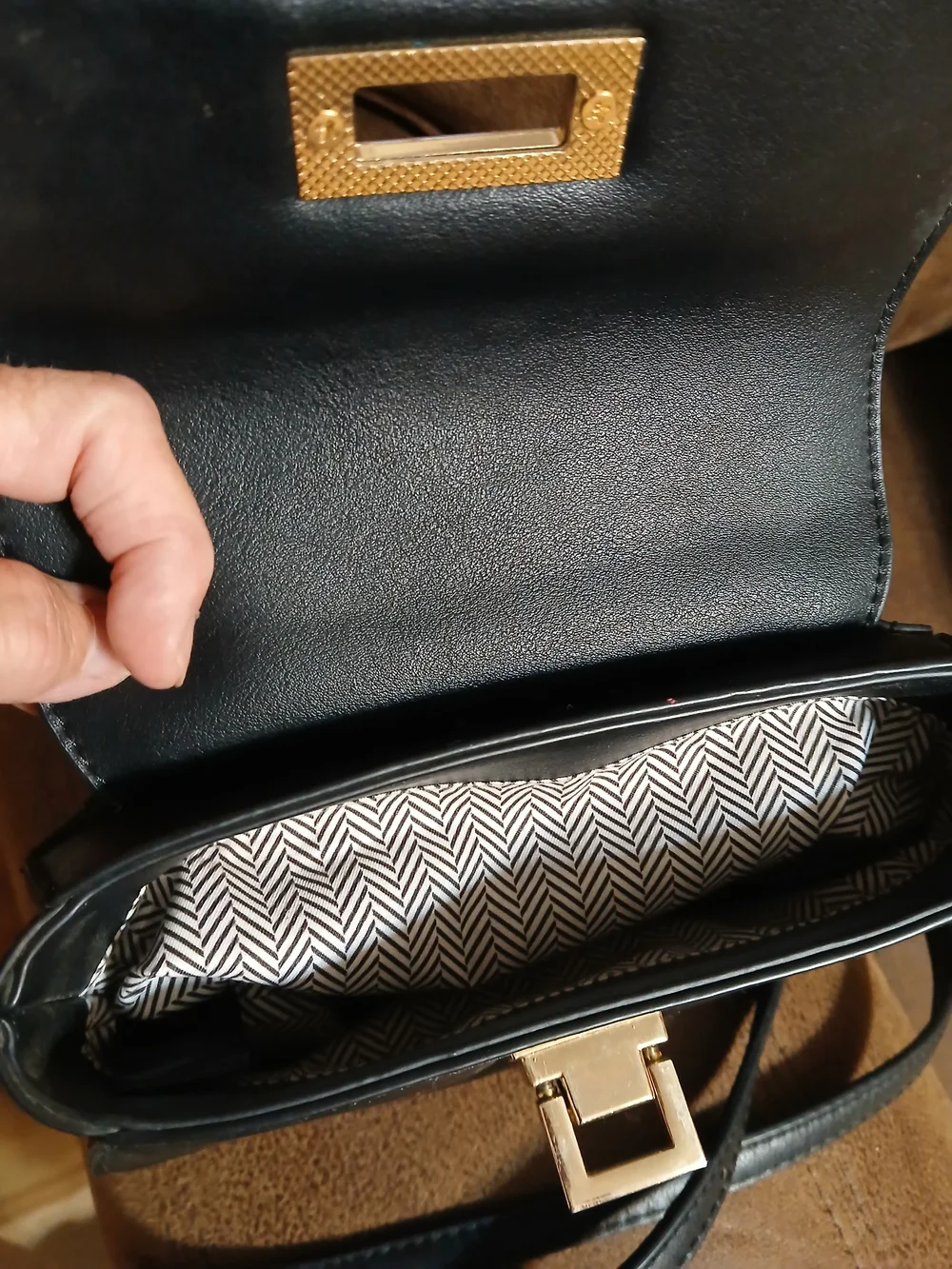 Black Faux Leather Crossbody Bag with Herringbone Lining
